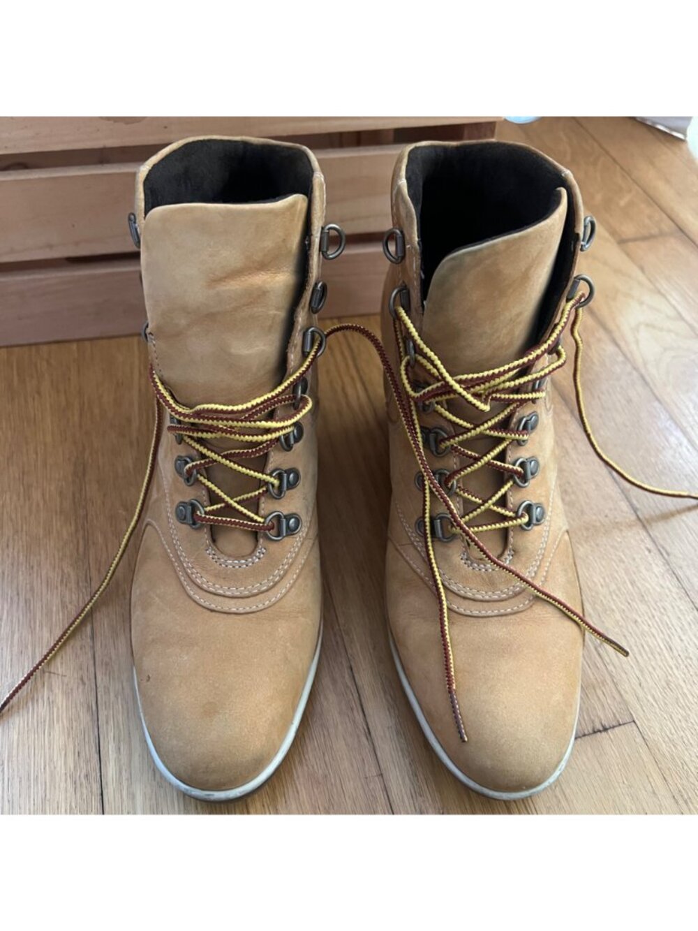 Timberland Size 8.5 M Tan Leather Lace-Up Wedge Heel Ankle Bootie Boots Shoes - Picture 12 of 16